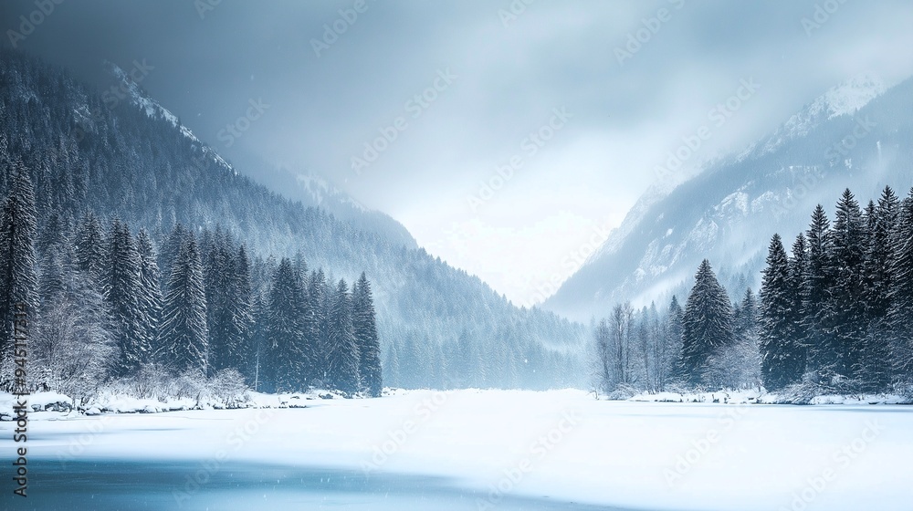 A snowy landscape with a river and mountains in the background. The sky is cloudy and the snow is falling.Generative ai illustration. A snowy landscape with a river and mountains in the background. The sky is cloudy and the snow is falling.Generative ai illustration.