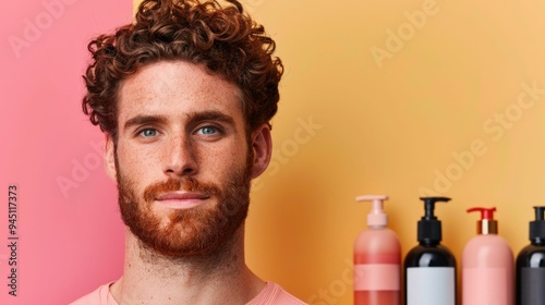 Close up portrait of a handsome man with curly red beard and hair surrounded by an array of skincare and grooming products on a vanity table with a pink and orange background