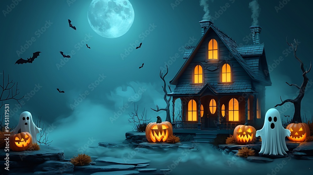 A haunted house crafted from layered paper, with eerie ghost figures floating near cracked windows, bats fluttering around, a foggy backdrop, and soft moonlight casting long shadows, hd quality,