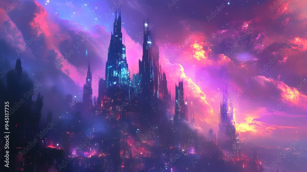 Fototapeta premium Futuristic City Skyline with Pink and Purple Clouds at Night