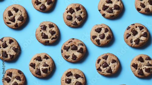 A row of chocolate chip cookies on a blue background