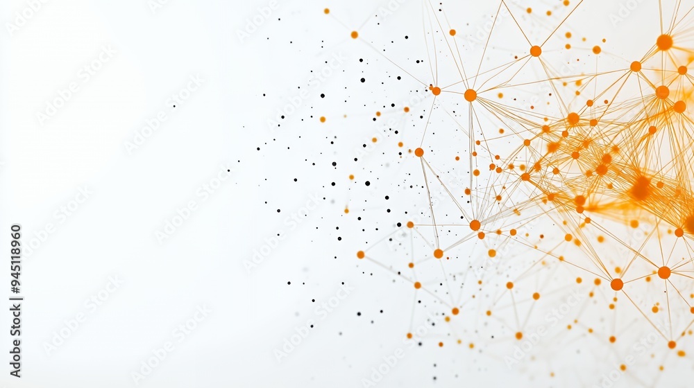 Abstract digital network illustration with nodes and connections in orange and black. Abstract digital network illustration with nodes and connections in orange and black.