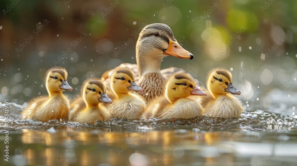 Ducklings with Mother Duck in the Water.