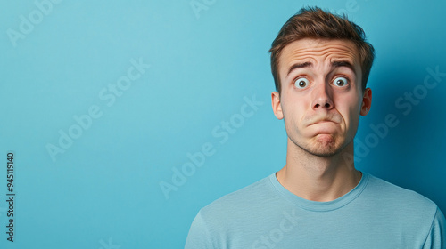 Sadly disgusted young man isolated blue background with copy space