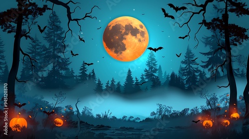 A mystical full moon night in paper craft style, with bats silhouetted against the moon, twisted trees with eerie branches framing the scene, and a foggy forest floor, intricate details, soft shadows,