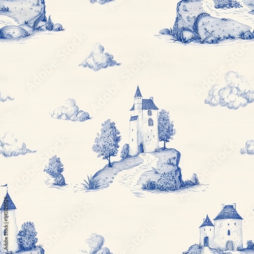 Seamless pattern with blue and white castles and trees. Vintage-inspired design for textile, wallpaper, fabric, wrapping paper, background.
