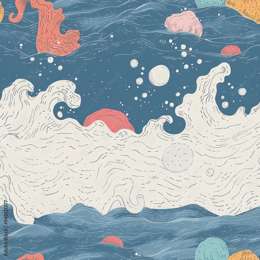 Seamless pattern with ocean waves, coral, and abstract shapes. Nautical-themed design for textile, wallpaper, fabric, wrapping paper, background. Seamless pattern with ocean waves, coral, and abstract shapes. Nautical-themed design for textile, wallpaper, fabric, wrapping paper, background.