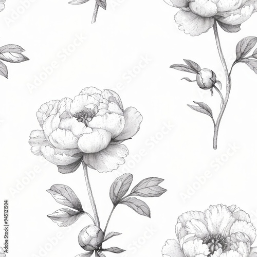 Seamless pattern with monochrome peony flowers on a light background. Elegant design for textile, wallpaper, fabric, wrapping paper, background.