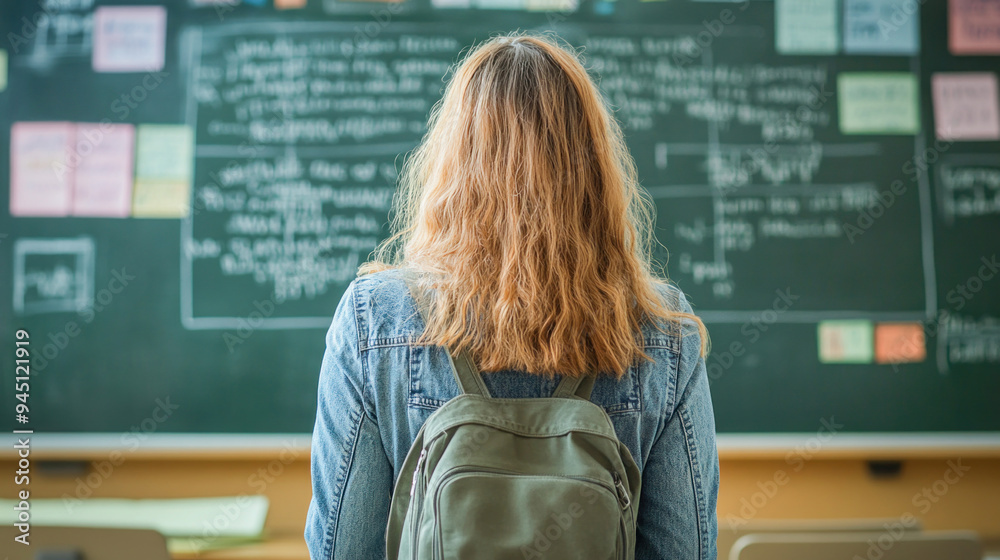 Student with backpack looking at blackboard in classroom Student with backpack looking at blackboard in classroom