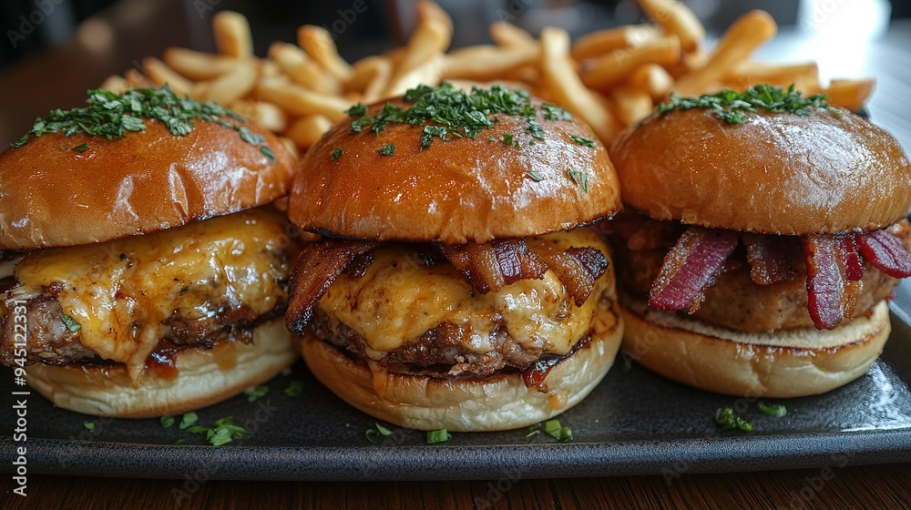 Three Mini Cheeseburgers with Bacon and Parsley on a Plate Three Mini Cheeseburgers with Bacon and Parsley on a Plate