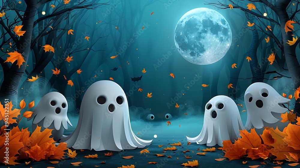 A paper-crafted ghostly gathering, featuring friendly ghosts floating among autumn leaves and a glowing full moon, with fog rolling through a forest of layered paper trees, A paper-crafted ghostly gathering, featuring friendly ghosts floating among autumn leaves and a glowing full moon, with fog rolling through a forest of layered paper trees,