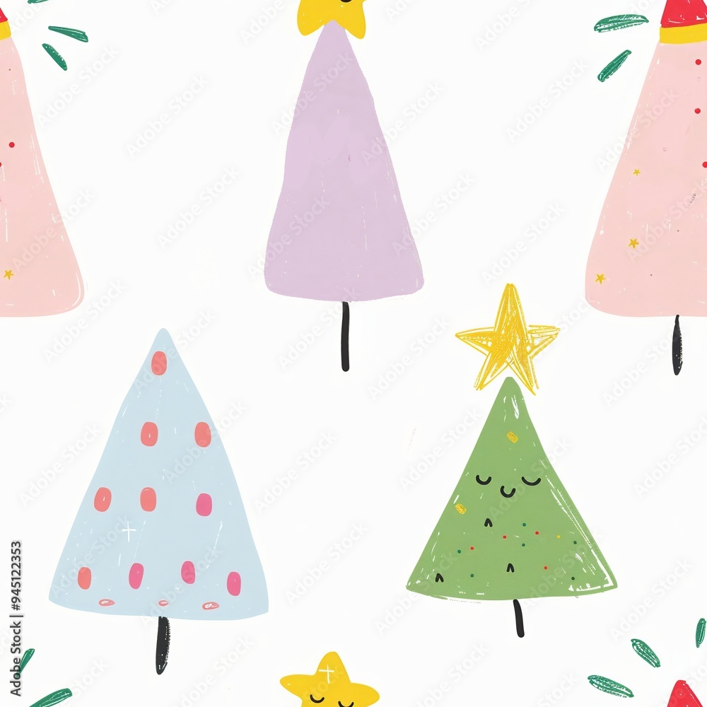 Playful Christmas tree patterns with festive decorations in pastel colors. Holiday seamless background. Seamless pattern. Playful Christmas tree patterns with festive decorations in pastel colors. Holiday seamless background. Seamless pattern.
