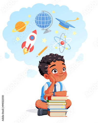 Little Indian school boy dreaming of a career in science. Cartoon vector illustration.