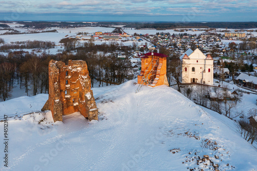 Ruins of old castle in Novogrudok town at winter time photo