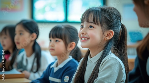 Asian children and Female teacher in classroom at elementary school. Examination, Learning and Education. copy space for text.