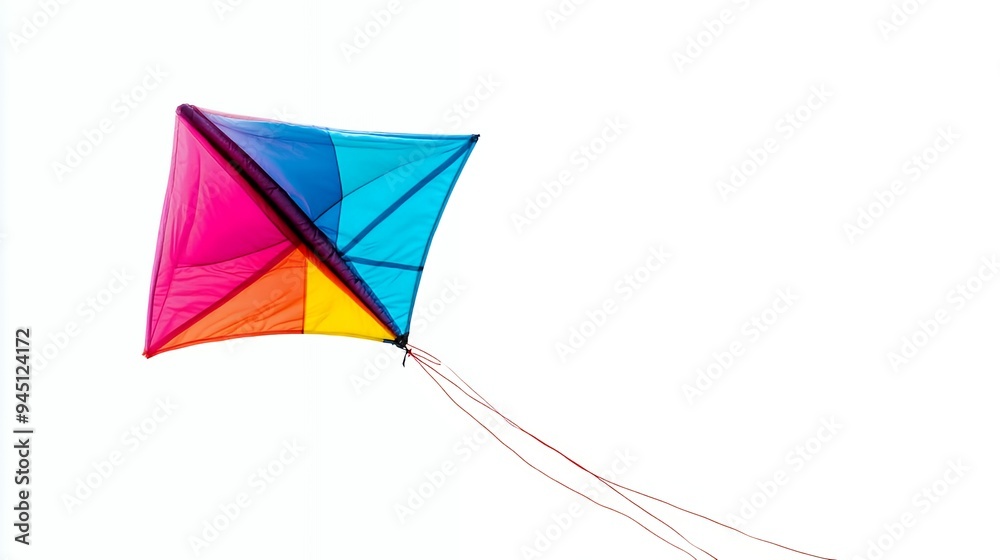 A colorful kite soaring against a white background, symbolizing leisure and outdoor fun. A colorful kite soaring against a white background, symbolizing leisure and outdoor fun.