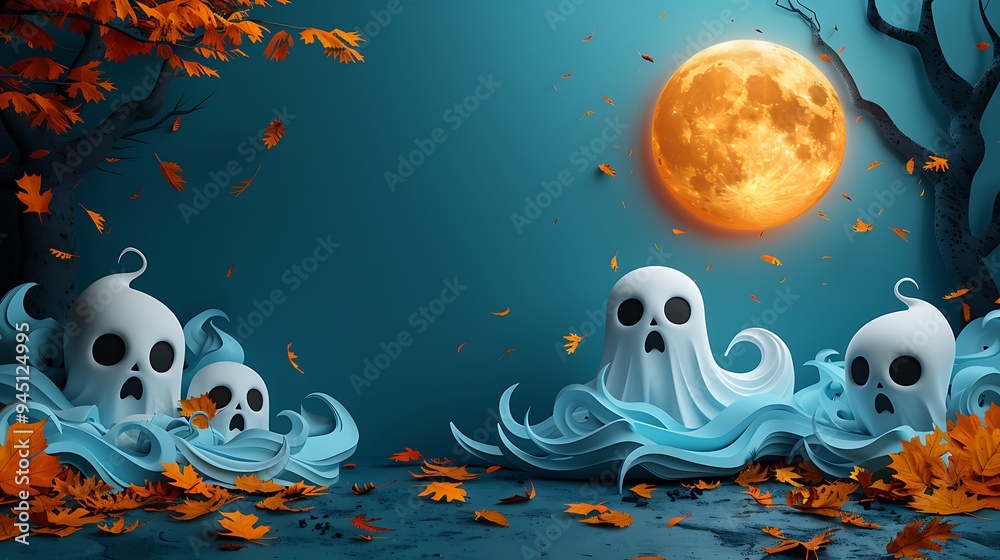 A peaceful ghost gathering in paper art style, with friendly ghosts floating under a full moon, surrounded by autumn leaves and fog, with layered paper trees casting soft shadows, intricate details, A peaceful ghost gathering in paper art style, with friendly ghosts floating under a full moon, surrounded by autumn leaves and fog, with layered paper trees casting soft shadows, intricate details,