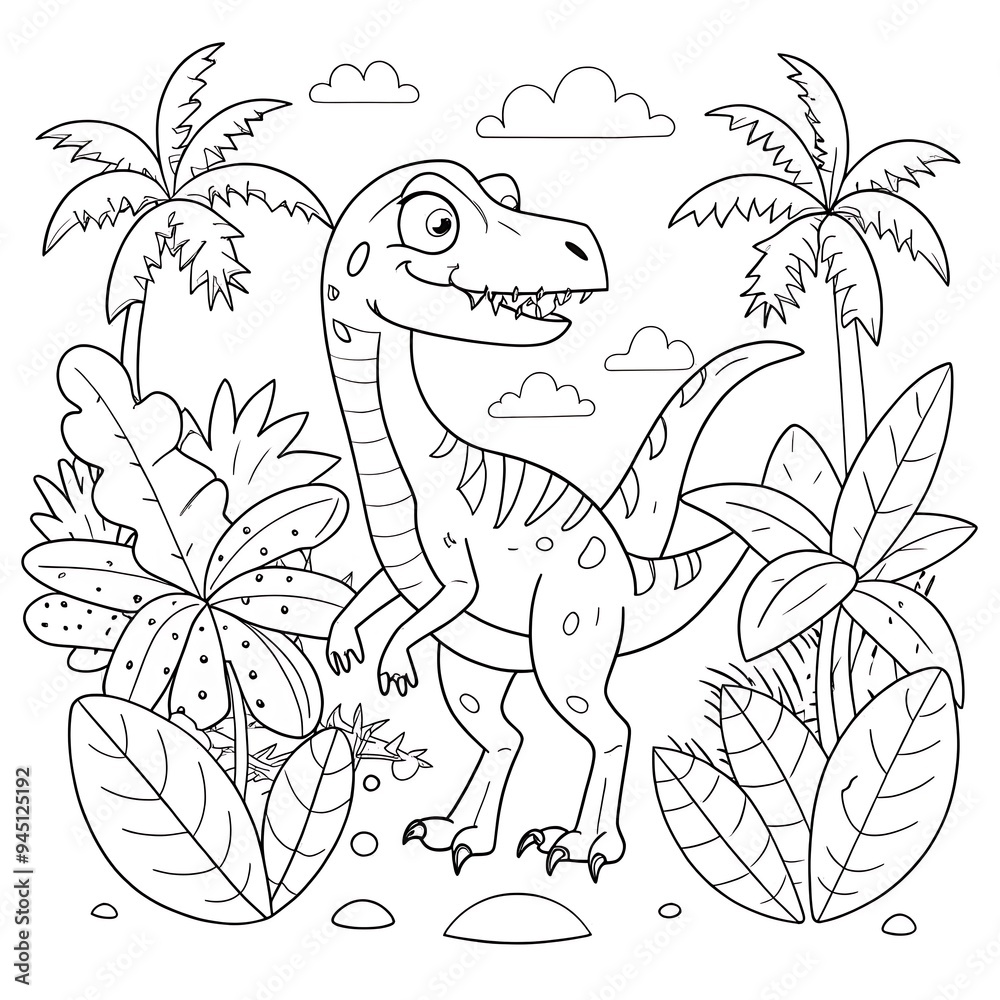 Obraz premium Lively Jungle Scene with Cartoon Dinosaur and Tropical Plants for Coloring