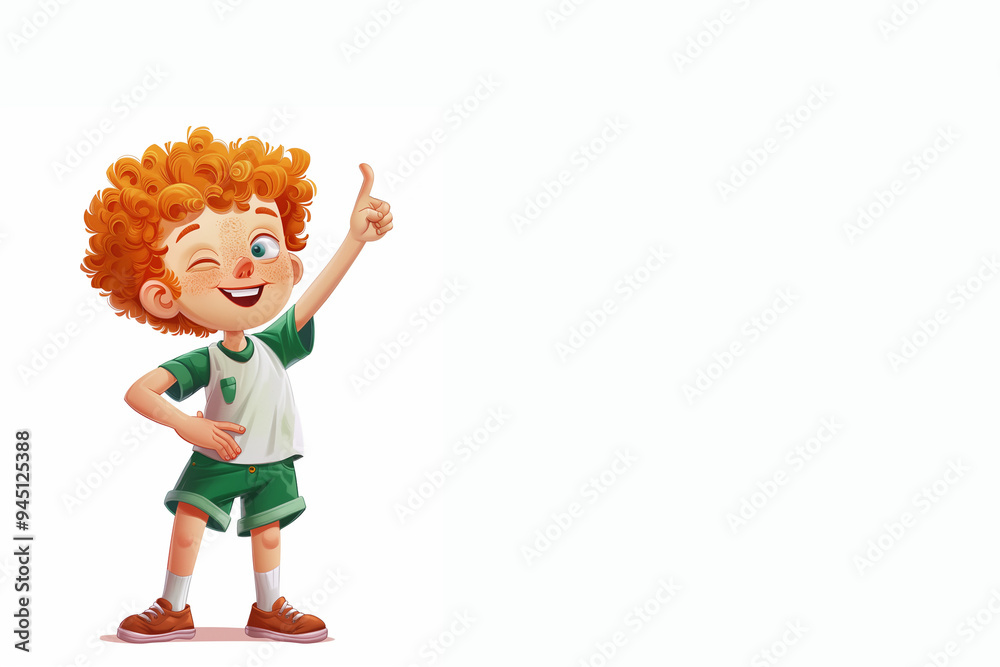 Garçon aux cheveux bouclés et roux, en tenue sportive, levant le pouce avec un sourire confiant et faisant un clin d'œil. Célébration du sport. Espace négatif copyspace - 6 avril Garçon aux cheveux bouclés et roux, en tenue sportive, levant le pouce avec un sourire confiant et faisant un clin d'œil. Célébration du sport. Espace négatif copyspace - 6 avril