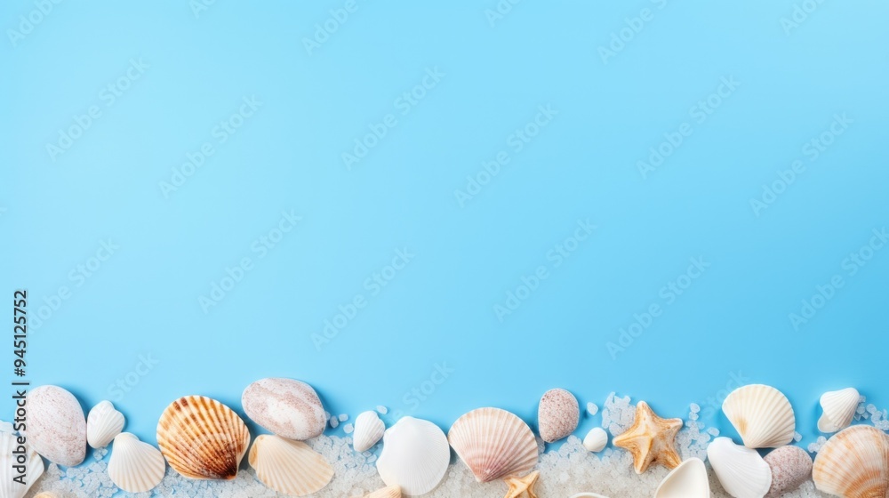 Many different sea shells on blue background. Neural network ai generated art Many different sea shells on blue background. Neural network ai generated art