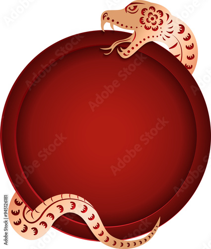 Chinese retro style luxury gold and red paper cut art of snake with round frame
