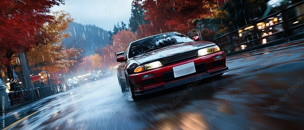 Skilled driver navigating a high speed downhill touge race through a ...