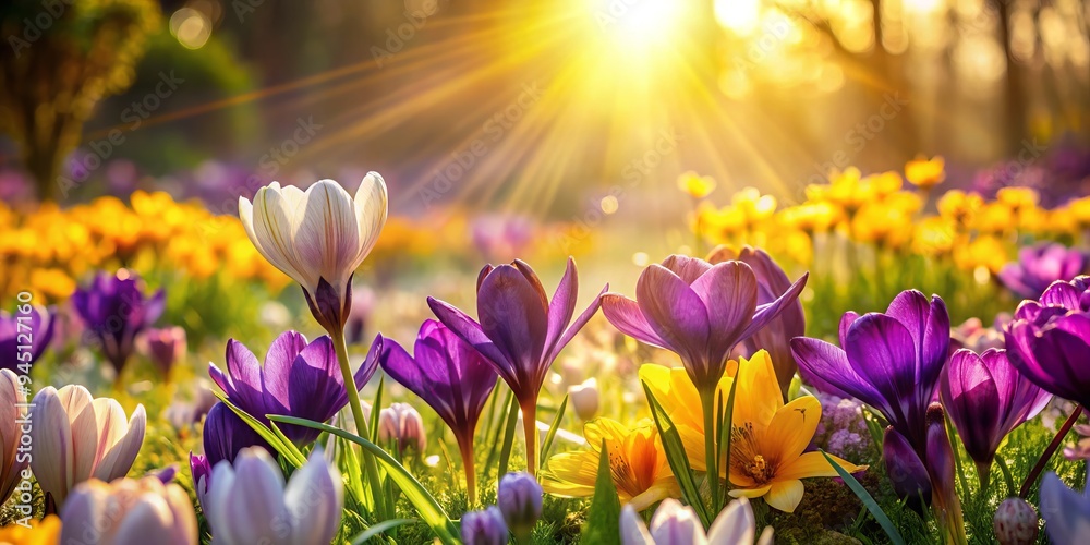 Fototapeta premium Vulnerable individuals receive support from a community that extends warm hands and gentle smiles, surrounded by a tapestry of purple and yellow blooms under soft sunlight.