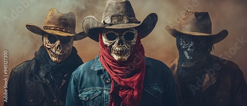 Haunting Wild West Outlaw Figures Wearing Creepy Halloween Masks that Conceal Their Identities in a Gritty Moody Desert Landscape  The Sinister Masked Bandits Evoke a Sense of Danger Mystery photo