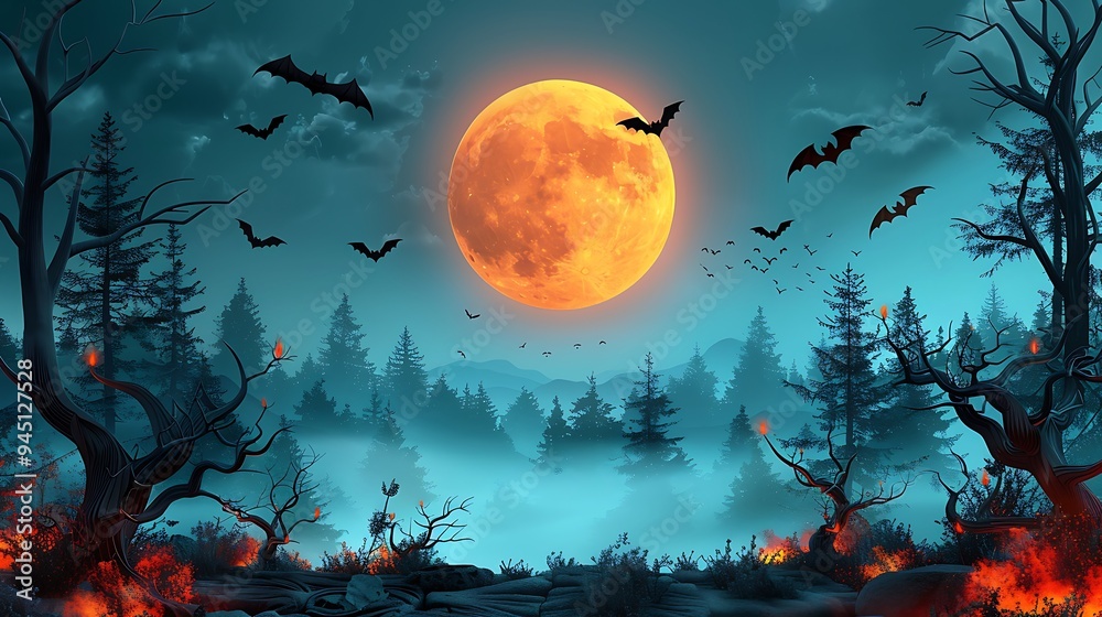 A spooky paper art scene featuring a full moon illuminating the night sky, with bats fluttering past, twisted paper trees framing the scene, and a foggy, mist-covered forest in the background, A spooky paper art scene featuring a full moon illuminating the night sky, with bats fluttering past, twisted paper trees framing the scene, and a foggy, mist-covered forest in the background,