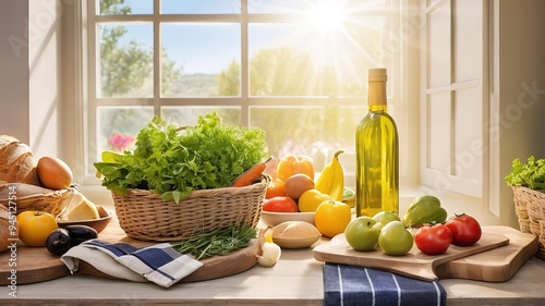 Wallpaper Mural Kitchen table filled with fresh market produce, sunlight streaming through a window in the background Torontodigital.ca