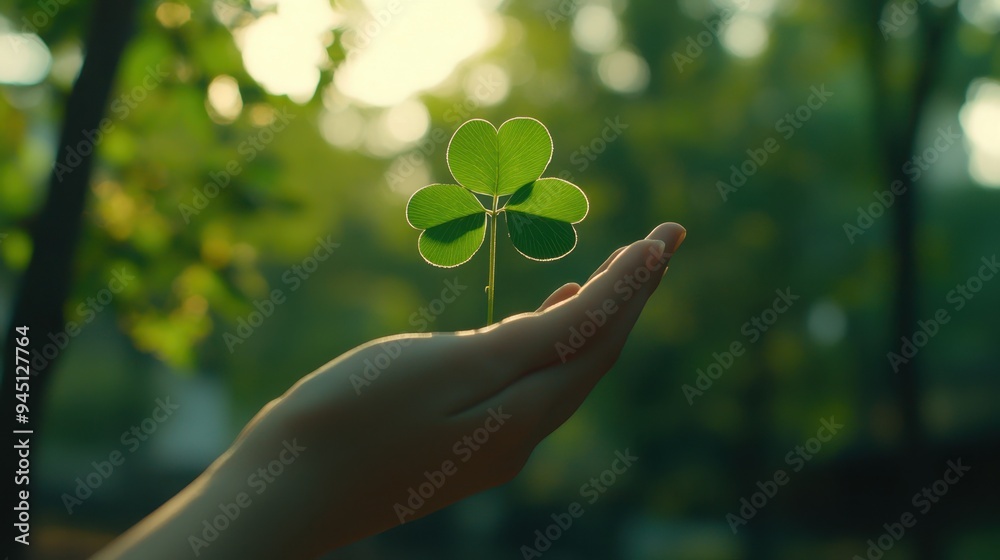 Woman holding green four leaf clover in hand in park background,Patricks day watercolor clipart,Spring flower pattern,Many shamrock plants,the Irish happy background. Woman holding green four leaf clover in hand in park background,Patricks day watercolor clipart,Spring flower pattern,Many shamrock plants,the Irish happy background.