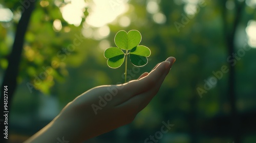 Woman holding green four leaf clover in hand in park background,Patricks day watercolor clipart,Spring flower pattern,Many shamrock plants,the Irish happy background.