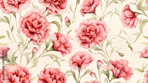 Wallpaper Mural Watercolor carnation flowers with delicate pink and red hues, interspersed with green leaves, creating an elegant and seamless vintage luxury pattern Torontodigital.ca