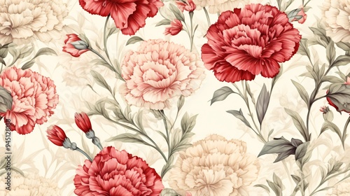 Wallpaper Mural Vintage watercolor carnation flowers with intricate detailing, surrounded by lush, textured leaves, forming a luxurious and continuous background pattern Torontodigital.ca