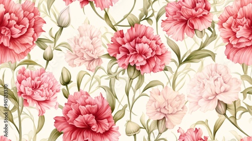 Wallpaper Mural Vintage watercolor carnation flowers with intricate detailing, surrounded by lush, textured leaves, forming a luxurious and continuous background pattern Torontodigital.ca