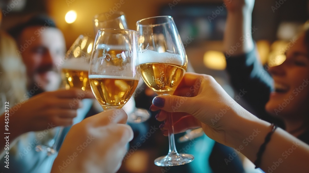 Cheers, friends and beer in restaurant with glasses as celebration for drinks, happiness or social bonding. Alcohol, men and people in pub for birthday party. copy space for text.