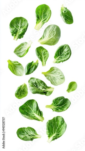 Fresh Green Bok Choy Leaves Falling on White Background.