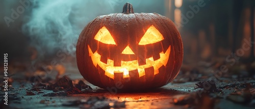 A carved Halloween jack o  lantern with an iconic 80s movie logo glowing in a dark foggy night scene  The pumpkin s eerie supernatural appearance creates a spooky photo