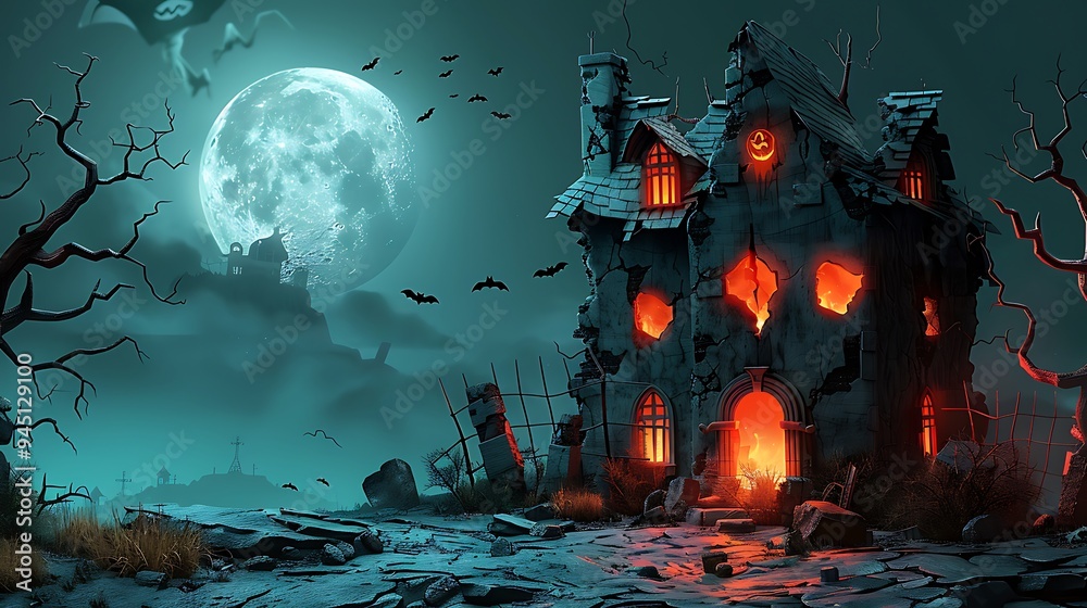 A spooky scene of a haunted house made from textured paper, with torn windows, ghosts drifting through the air, bats flying around, and a full moon casting eerie shadows, high-definition detail,
