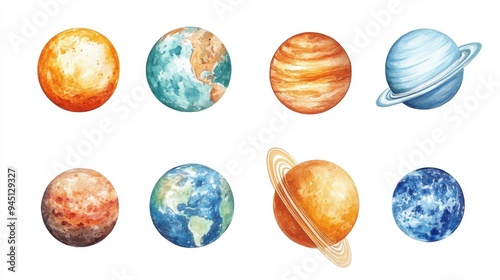 A set of round space planets of the solar system and Earth,sun the Moon,solar system objects for educational projects,hand painted planets and moons, satellites,watercolor painting in galaxy.