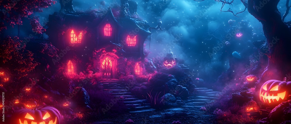 Candy filled haunted house with eerie glowing lights in a dark mystical forest landscape photography concept with copy space for text overlay Candy filled haunted house with eerie glowing lights in a dark mystical forest landscape photography concept with copy space for text overlay