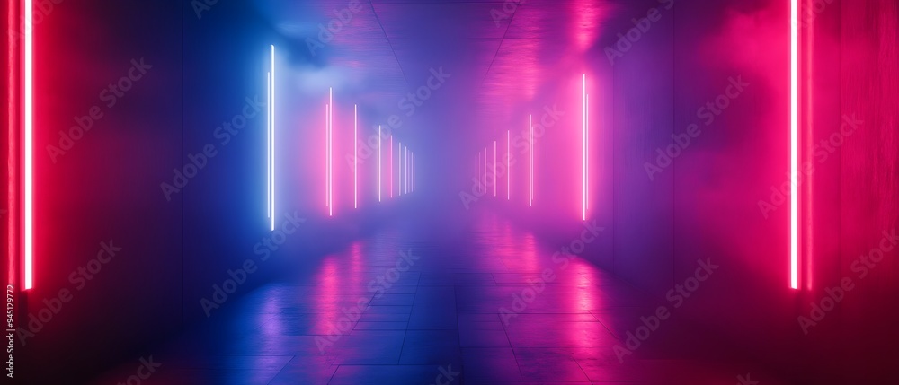 Haunted House with Futuristic Sci Fi Neon Lit Corridors and Atmospheric Photography Concept with Copy Space for Text