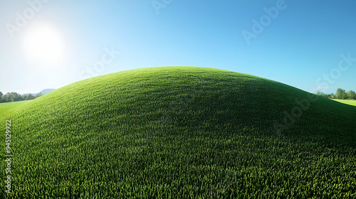 Green Grass Hill Landscape Under Sunny Blue Sky