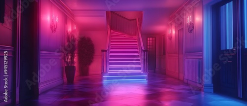 Haunting and Surreal Neon Lit Hallway in a Retro Synthwave Inspired Haunted House Evoking a Dreamlike and Futuristic Ambiance photo