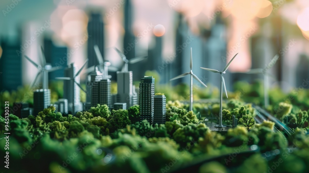 A miniature cityscape featuring green spaces and wind turbines, emphasizing sustainability. A miniature cityscape featuring green spaces and wind turbines, emphasizing sustainability.