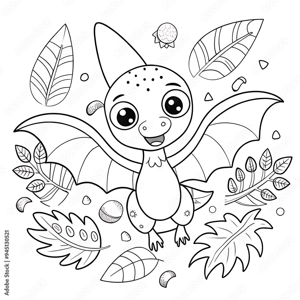 Fototapeta premium Playful Cartoon Pterodactyl with Tropical Leaves and Dinosaur Eggs for Coloring