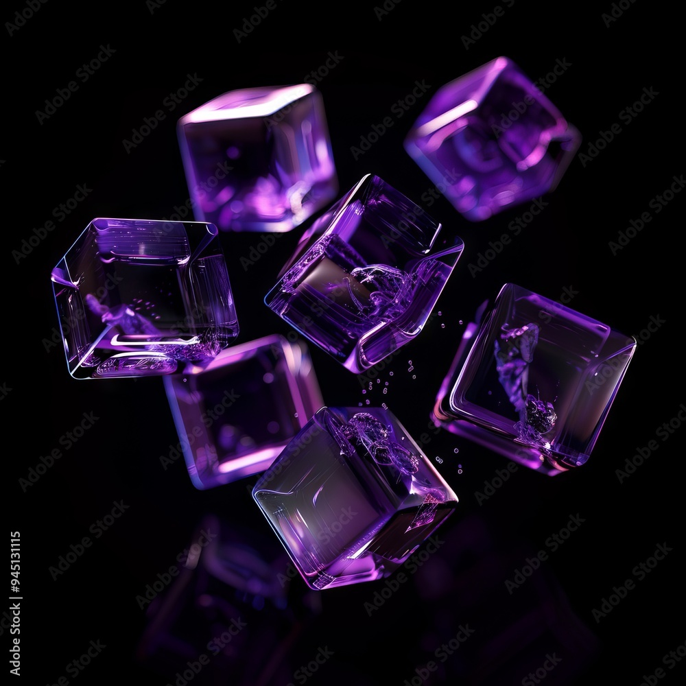 Purple Glass Cubes Floating on Black Background Purple Glass Cubes Floating on Black Background