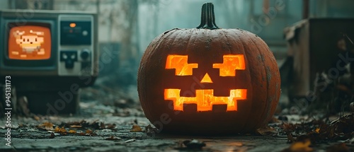 digital photograph of a classic retro video game character carved into the surface of an illuminated Halloween jack o lantern set against a backdrop of autumn leaves and a spooky