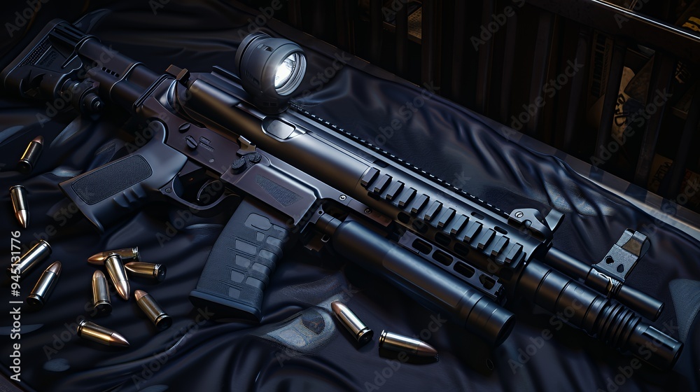 A tactical rifle with accessories and ammunition on a dark surface. A tactical rifle with accessories and ammunition on a dark surface.