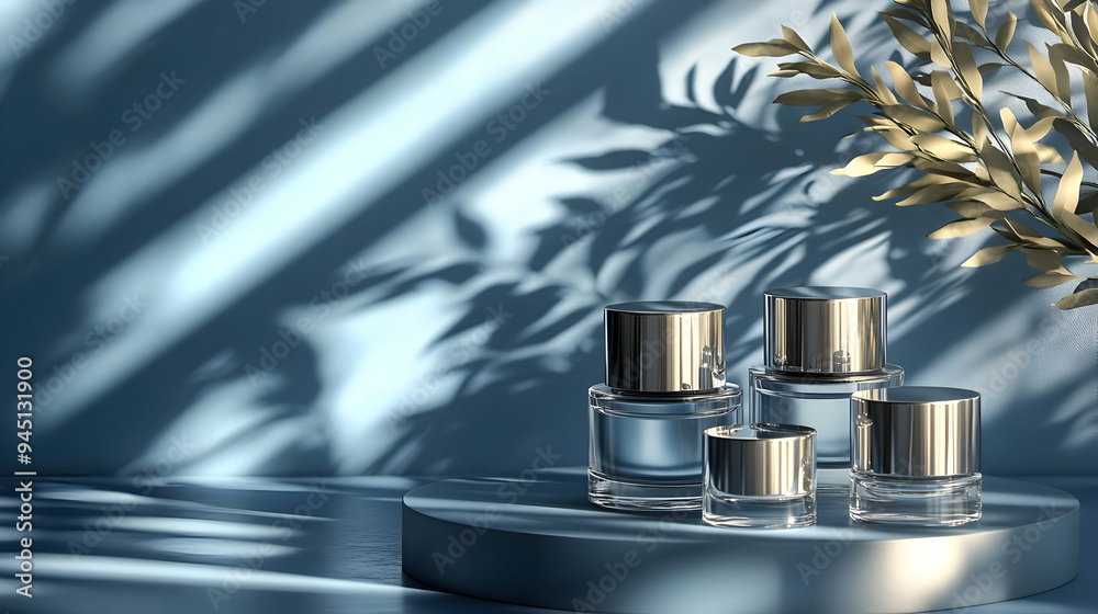 Luxury Skincare Bottles with Shadow of Leaves on Blue Background Luxury Skincare Bottles with Shadow of Leaves on Blue Background
